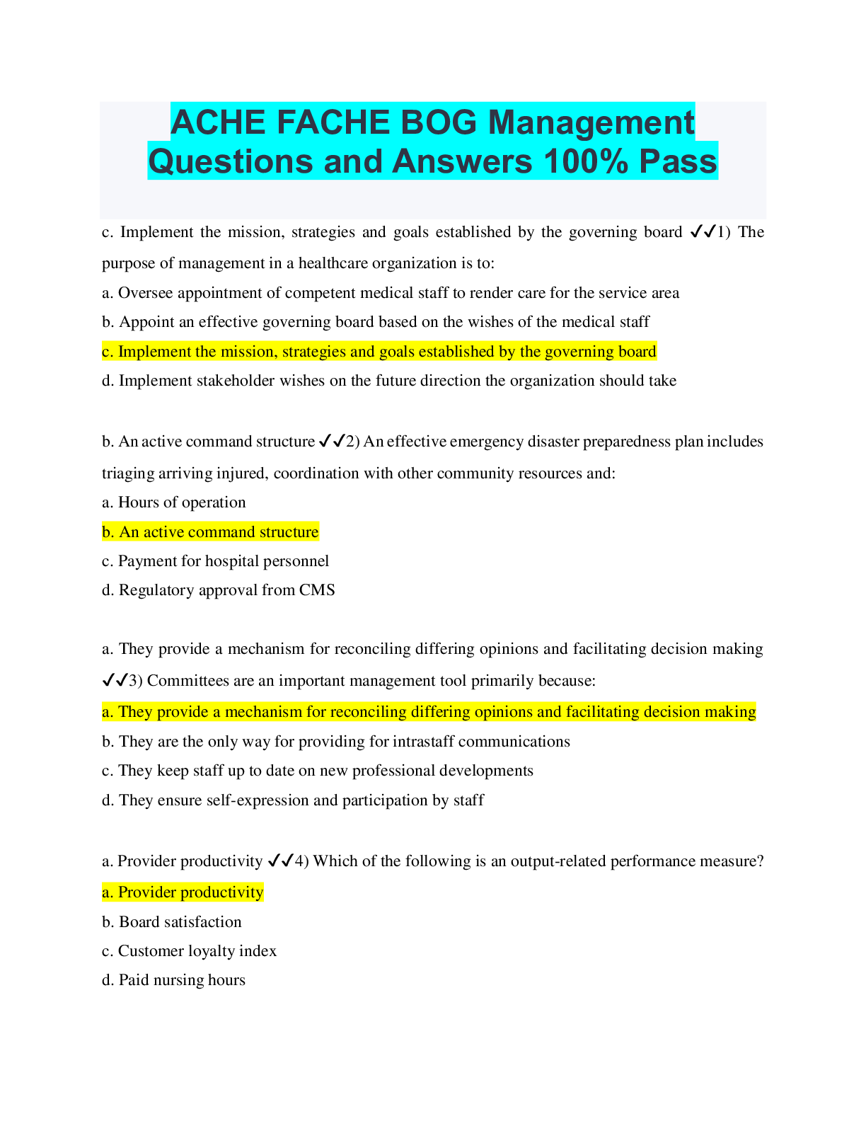 Preview of ACHE FACHE BOG Management Questions and Answers 100% Pass